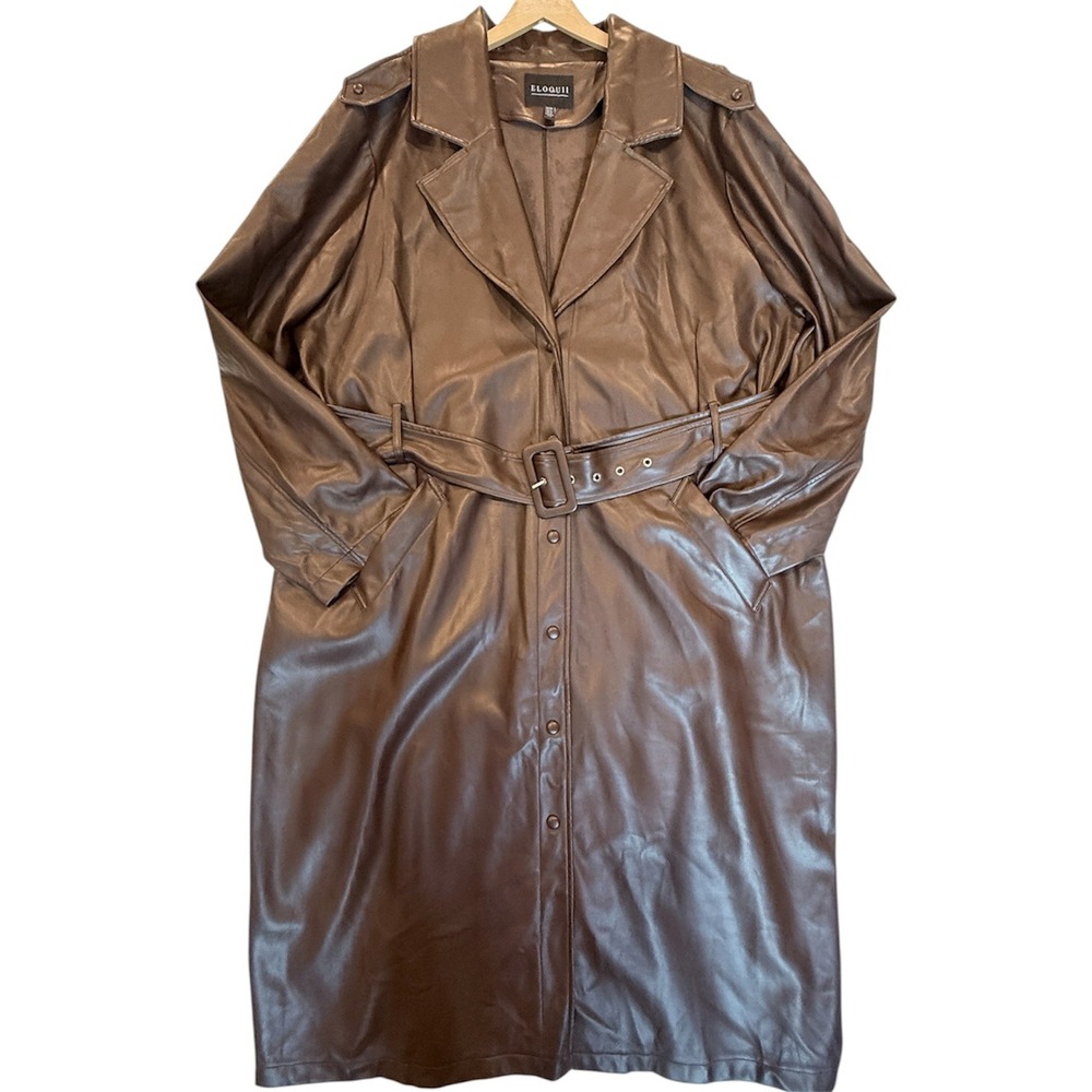 Eloquii Faux Leather Trench Coat Women 22/24 Brown Belted Long Sleeve